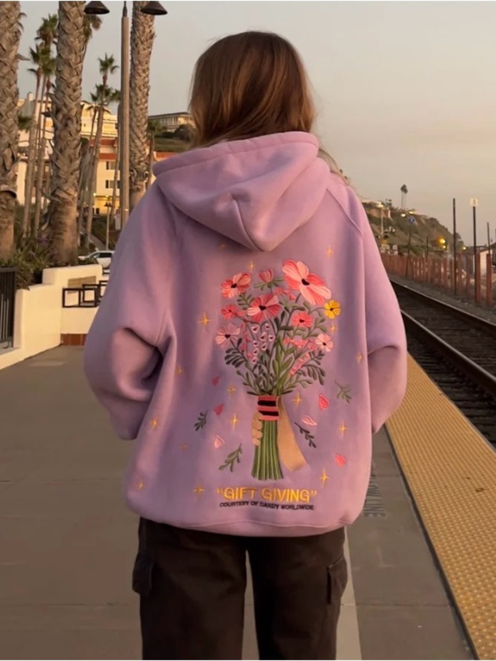 Dandy Worldwide Gift Giving Embroidered Oversized Lux Hoodie Lavender Sweatshirt